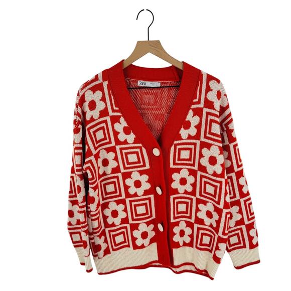 Zara Retro Floral Geometric Orange Button Cardigan Sweater Cotton Blend Size S - Picture 1 of 8